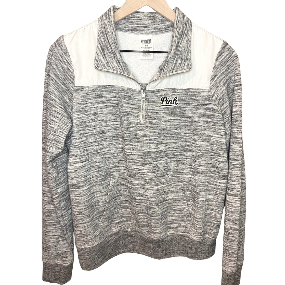Victoria's Secret PINK Half Zipped Collared Gray White Pullover Sweater